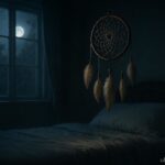 A dream catcher hanging above a bed filtering dreams at night