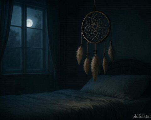 A dream catcher hanging above a bed filtering dreams at night