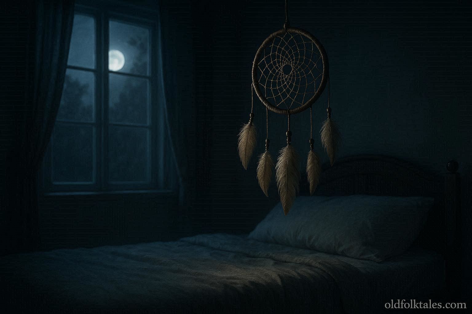 A dream catcher hanging above a bed filtering dreams at night