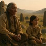Blackfoot elder and young boy sitting quietly among ancient stones in a prairie valley, observing and listening to the land