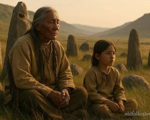 Blackfoot elder and young boy sitting quietly among ancient stones in a prairie valley, observing and listening to the land