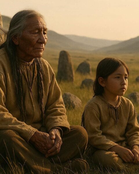 Blackfoot elder and young boy sitting quietly among ancient stones in a prairie valley, observing and listening to the land