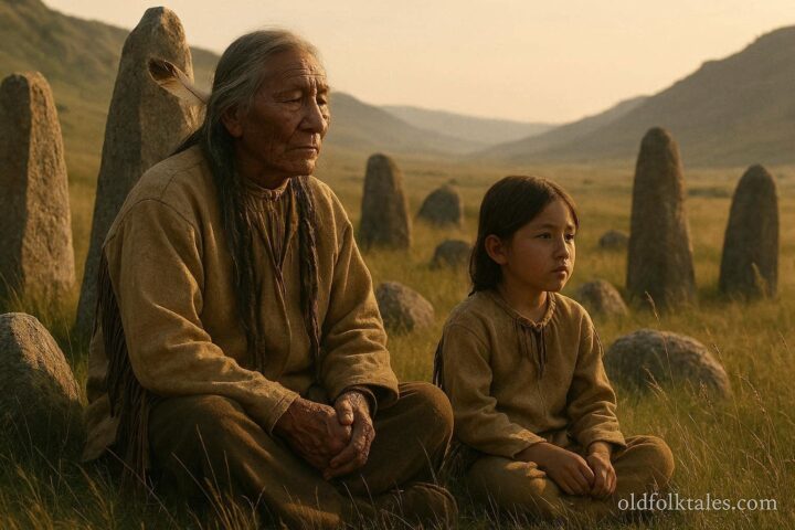 Blackfoot elder and young boy sitting quietly among ancient stones in a prairie valley, observing and listening to the land