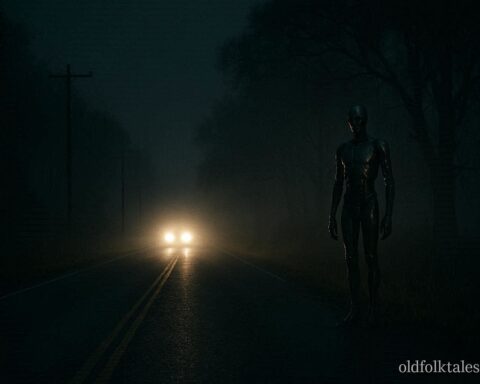 Metallic humanoid figure standing near a dark Alabama highway representing the Falkville Metal Man cryptid legend.