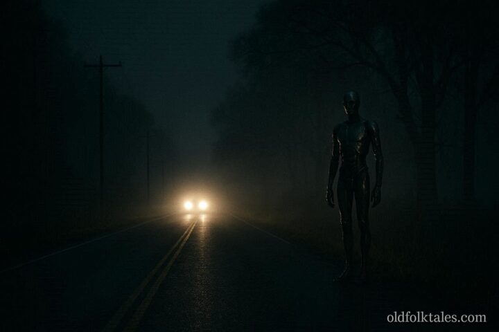 Metallic humanoid figure standing near a dark Alabama highway representing the Falkville Metal Man cryptid legend.