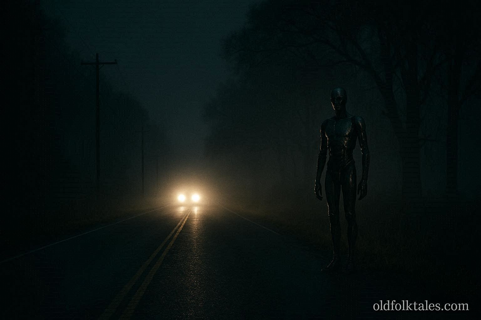 Metallic humanoid figure standing near a dark Alabama highway representing the Falkville Metal Man cryptid legend.