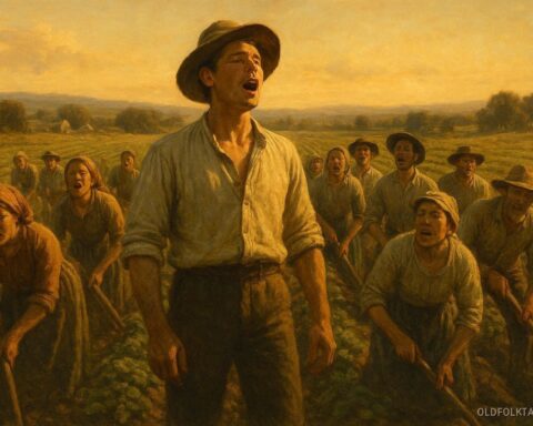 Workers in a field singing together while working