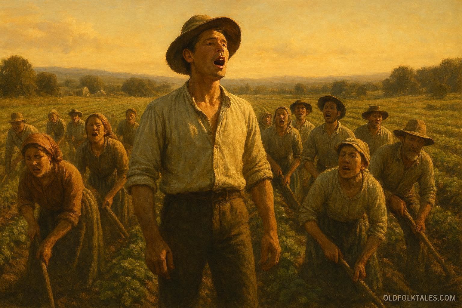 Workers in a field singing together while working
