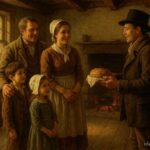 Family welcoming the first visitor on New Year’s Day representing an American superstition about luck and fortune