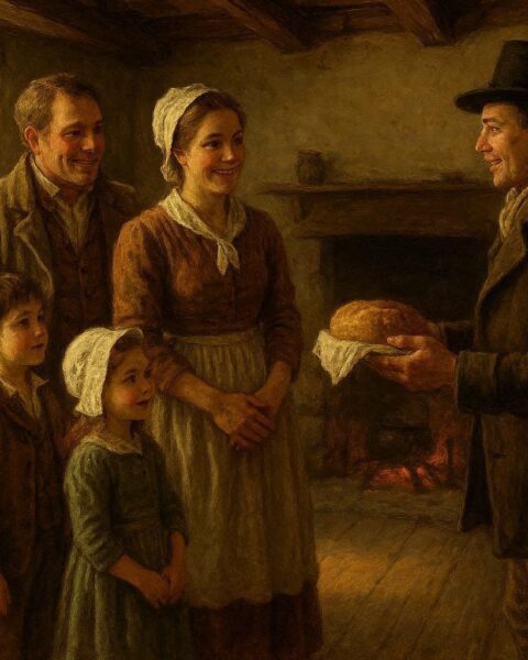 Family welcoming the first visitor on New Year’s Day representing an American superstition about luck and fortune