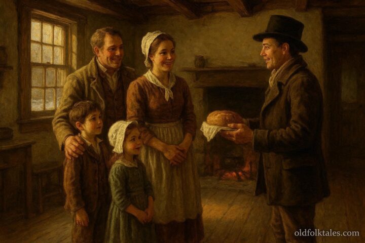 Family welcoming the first visitor on New Year’s Day representing an American superstition about luck and fortune