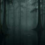A misty swamp with an eerie still atmosphere suggesting an unseen presence