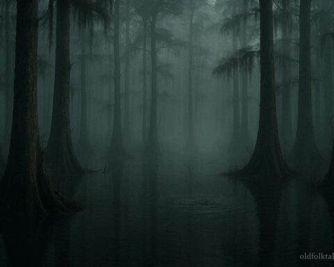 A misty swamp with an eerie still atmosphere suggesting an unseen presence