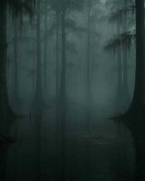 A misty swamp with an eerie still atmosphere suggesting an unseen presence