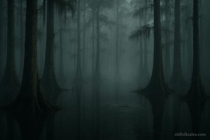 A misty swamp with an eerie still atmosphere suggesting an unseen presence