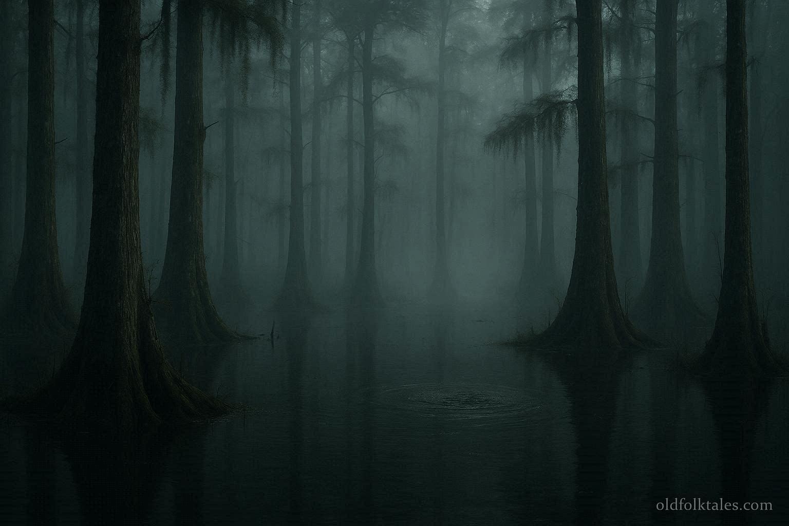 A misty swamp with an eerie still atmosphere suggesting an unseen presence
