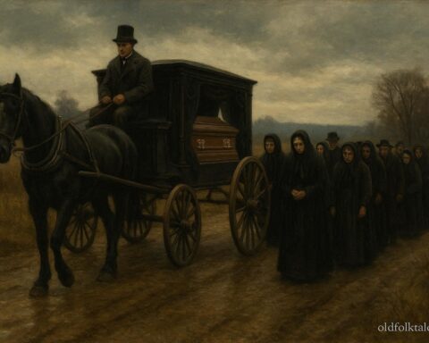 Mourners walking behind a horse-drawn hearse representing an American superstition about funeral processions