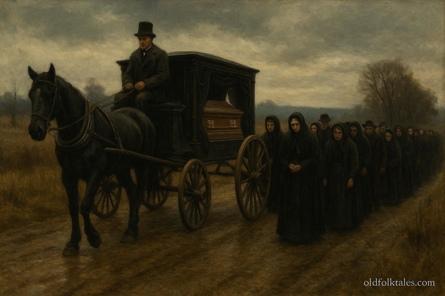 Mourners walking behind a horse-drawn hearse representing an American superstition about funeral processions