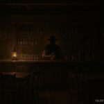 Ghostly bartender polishing a glass behind the bar in a quiet Deadwood saloon after closing time