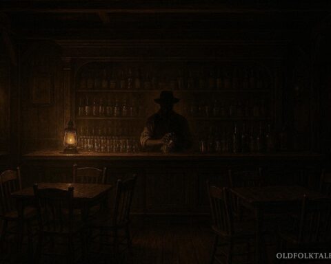 Ghostly bartender polishing a glass behind the bar in a quiet Deadwood saloon after closing time