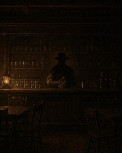Ghostly bartender polishing a glass behind the bar in a quiet Deadwood saloon after closing time
