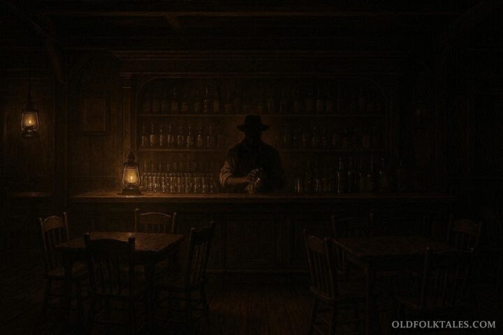 Ghostly bartender polishing a glass behind the bar in a quiet Deadwood saloon after closing time