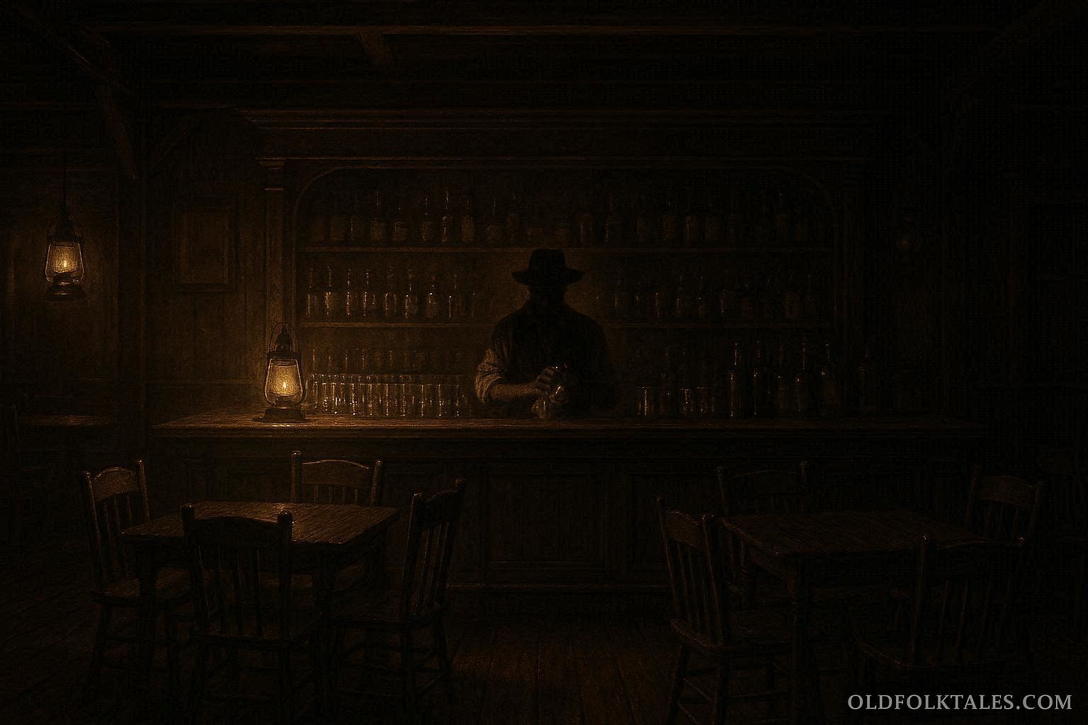Ghostly bartender polishing a glass behind the bar in a quiet Deadwood saloon after closing time