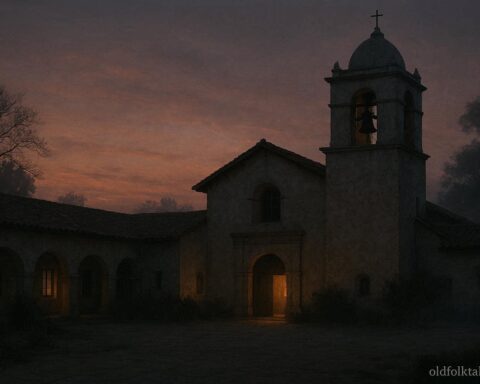 A mission church with a bell tower under a quiet evening sky