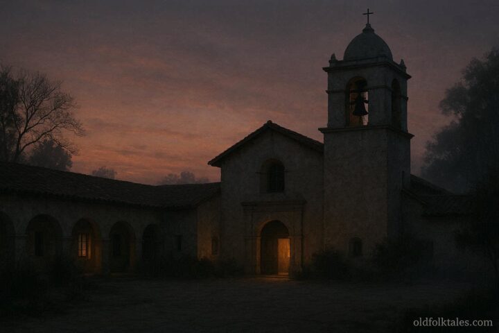 A mission church with a bell tower under a quiet evening sky