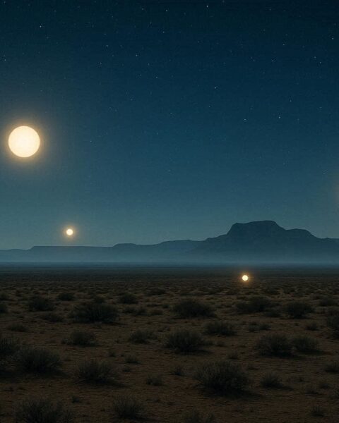 Glowing orbs hovering above the West Texas desert at night representing the Marfa Lights legend.
