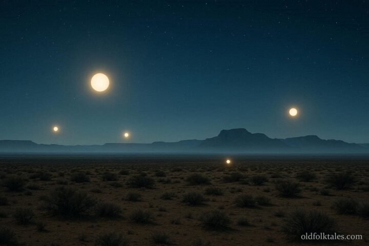 Glowing orbs hovering above the West Texas desert at night representing the Marfa Lights legend.