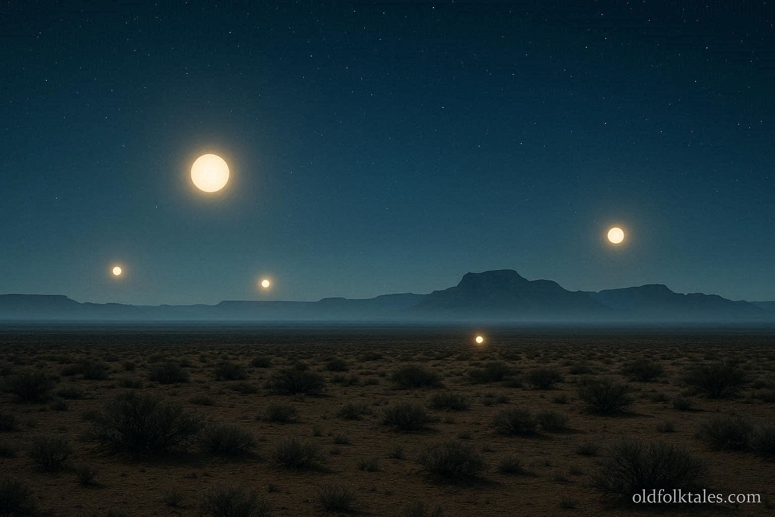 Glowing orbs hovering above the West Texas desert at night representing the Marfa Lights legend.