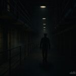 Shadowy ghostly guard walking along an empty corridor of Alcatraz prison at night