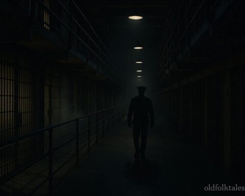 Shadowy ghostly guard walking along an empty corridor of Alcatraz prison at night