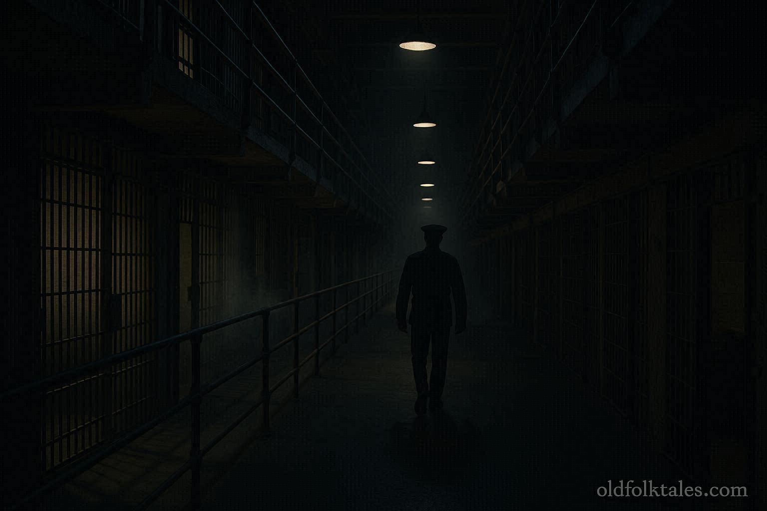 Shadowy ghostly guard walking along an empty corridor of Alcatraz prison at night
