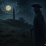 Ghostly colonial officer standing on Bunker Hill battlefield at night