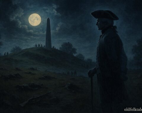 Ghostly colonial officer standing on Bunker Hill battlefield at night