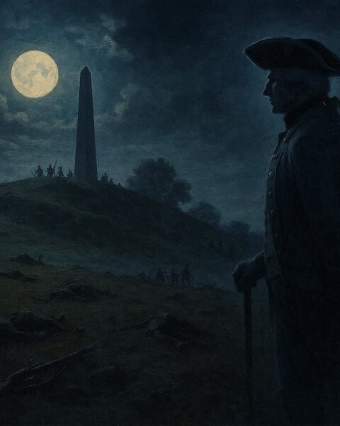 Ghostly colonial officer standing on Bunker Hill battlefield at night