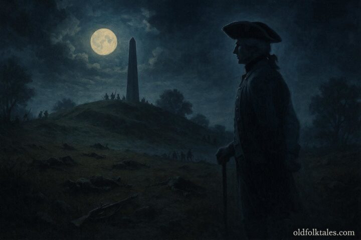 Ghostly colonial officer standing on Bunker Hill battlefield at night