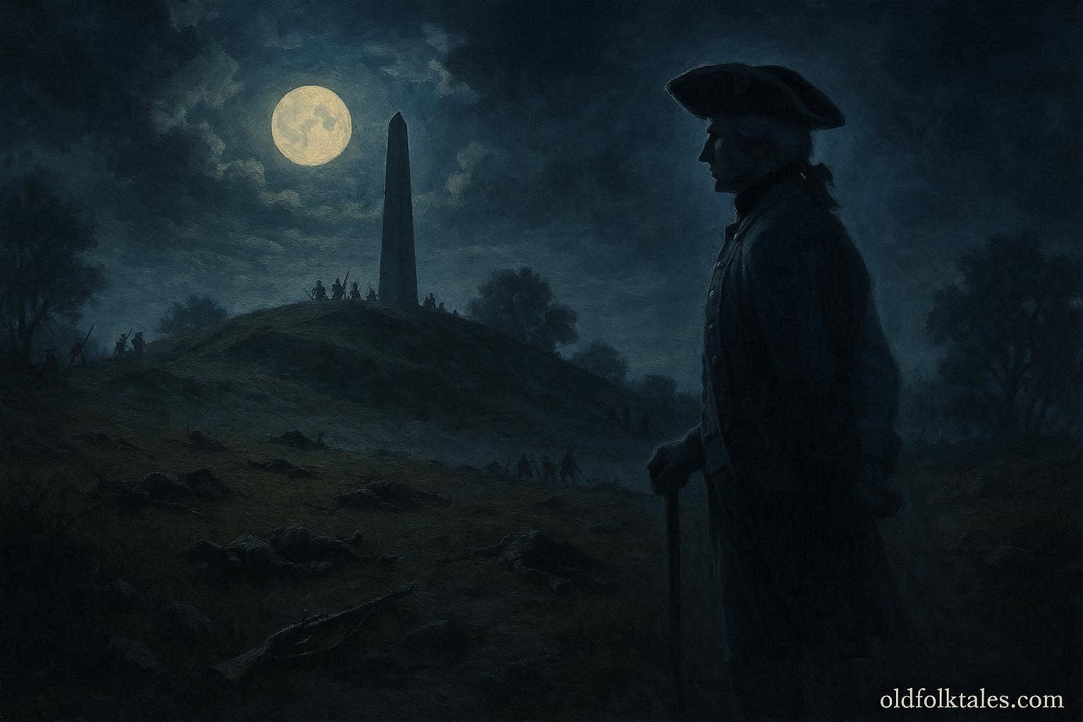 Ghostly colonial officer standing on Bunker Hill battlefield at night