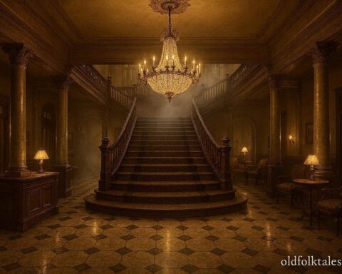 Interior of a historic Austin Texas hotel with a grand staircase and soft evening lighting associated with ghost legend.