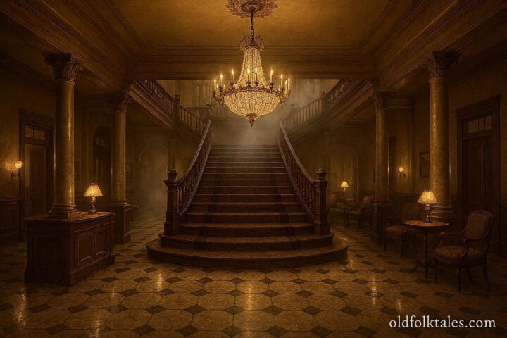 Interior of a historic Austin Texas hotel with a grand staircase and soft evening lighting associated with ghost legend.