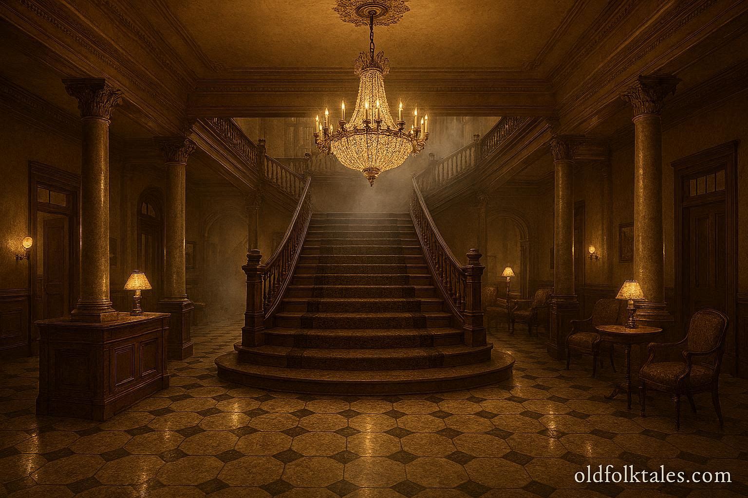 Interior of a historic Austin Texas hotel with a grand staircase and soft evening lighting associated with ghost legend.
