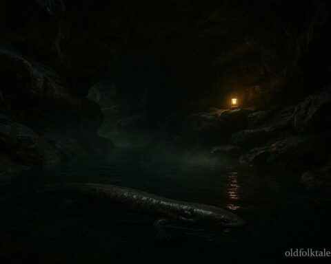 Giant salamander-like creature moving beneath the subterranean waters of Mammoth Cave in Kentucky representing the cryptid legend