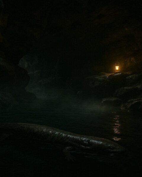 Giant salamander-like creature moving beneath the subterranean waters of Mammoth Cave in Kentucky representing the cryptid legend