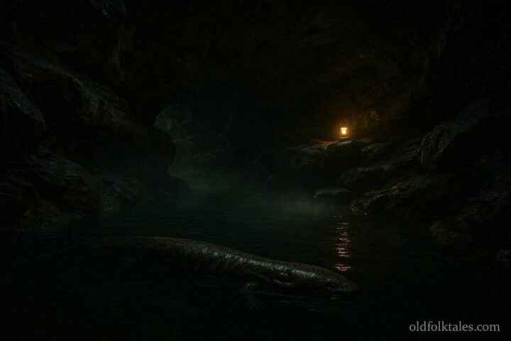Giant salamander-like creature moving beneath the subterranean waters of Mammoth Cave in Kentucky representing the cryptid legend