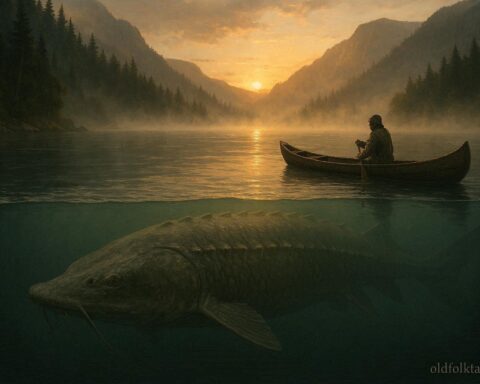 Massive sturgeon beneath the water of the Columbia River representing the Chinook river spirit legend