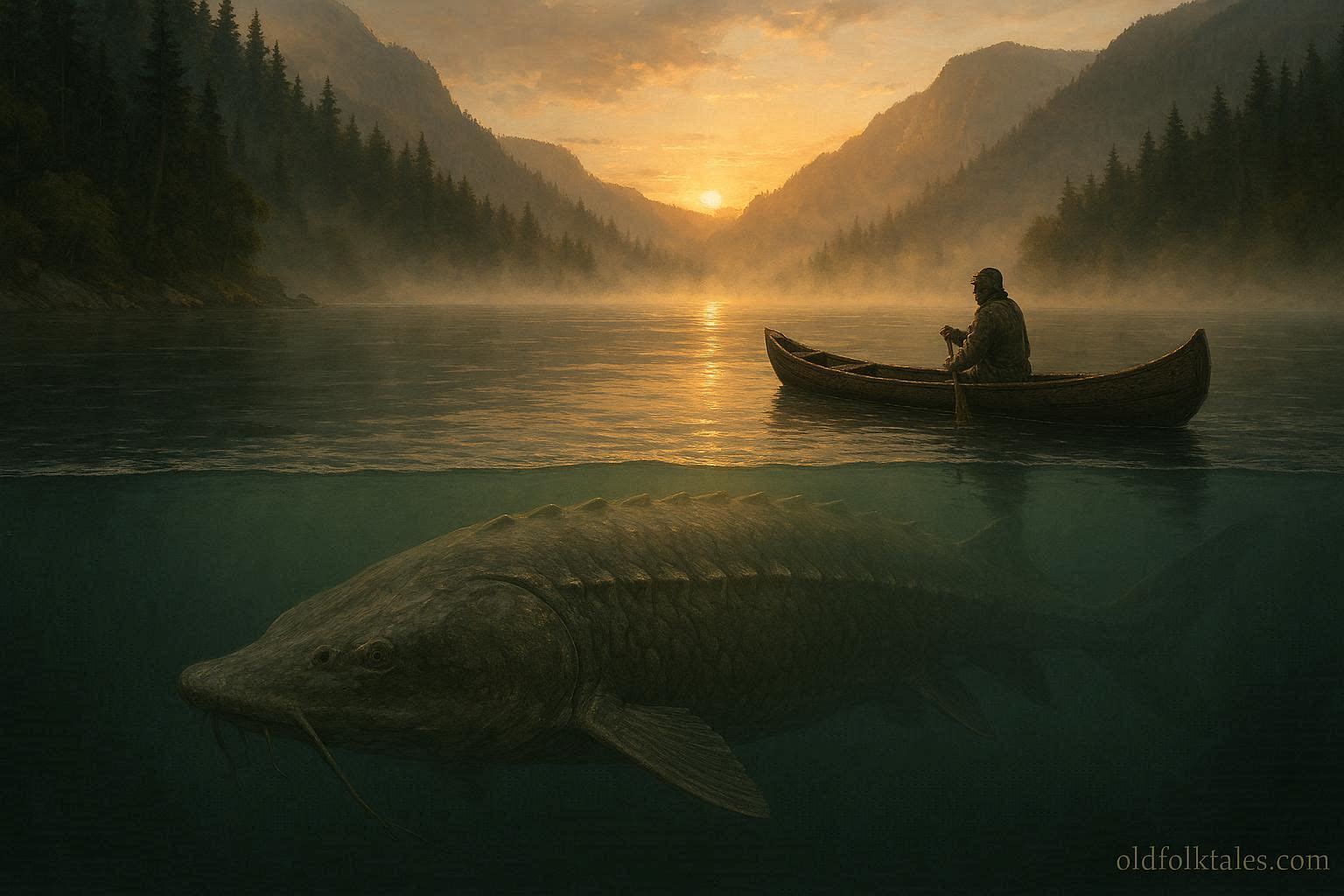 Massive sturgeon beneath the water of the Columbia River representing the Chinook river spirit legend