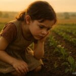 Young girl listening closely to the soil in a farm field
