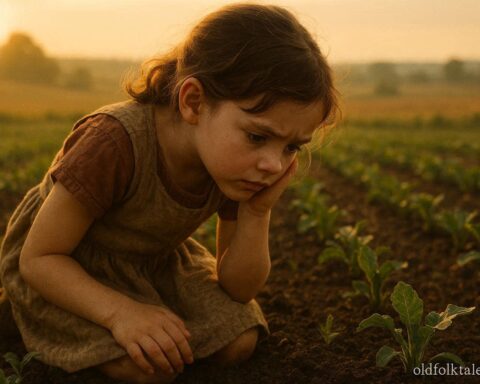 Young girl listening closely to the soil in a farm field